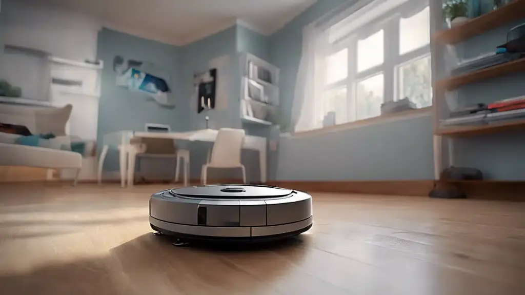 Robotstøvsuger med LiDAR teknologi navigerer præcist på trægulv i et moderne hjem.