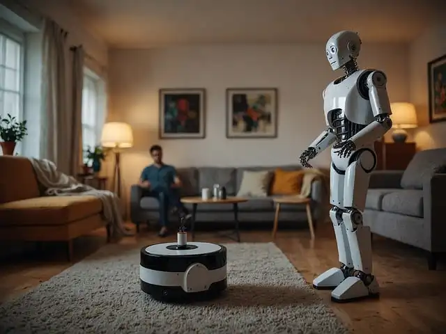 Hjemmerobotter og en mand i en stue, der demonstrerer fremtiden for husholdningsteknologi.