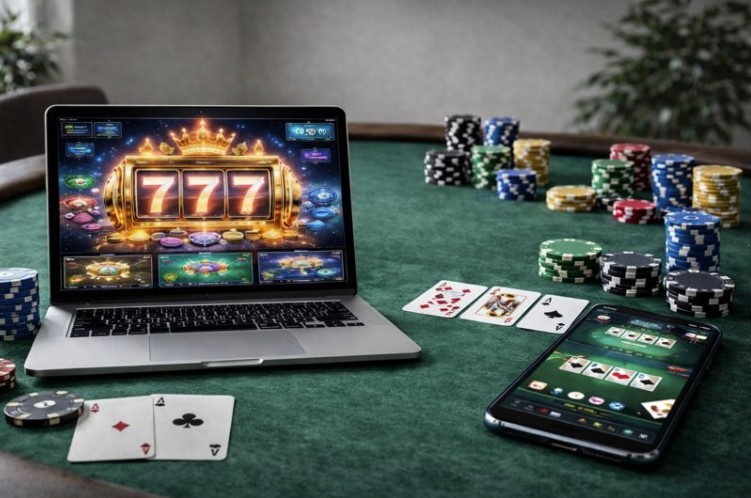 spillebord med kort og jetoner samt en computer