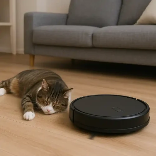 En kat ligger og sover på et trægulv i en dansk dagligstue, mens en robotstøvsuger kører stille forbi.